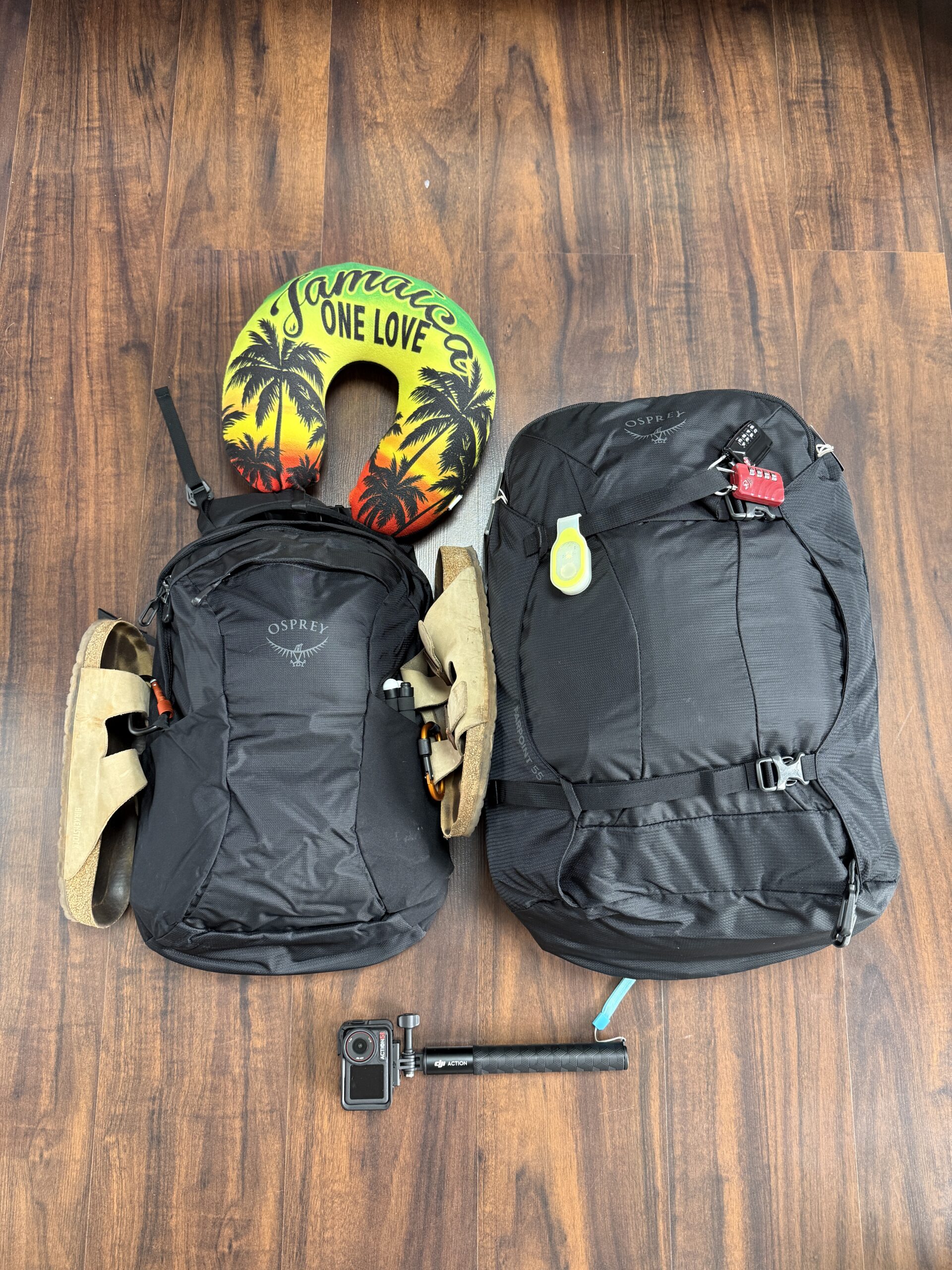 Our actual backpacks and gear, laid out